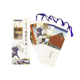 6er Set japanische Lesezeichen mit Fuji-Motiven und violetter Kordel in dekorativer Box