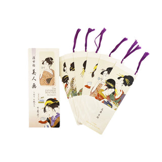 6er Set japanische Lesezeichen mit Bijin-Motiven und violetter Kordel in dekorativer Box