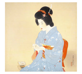 Kunstwerk von Shinsui Ito – eine japanische Frau im Kimono.  Die Ästhetik der Hana no Hana Räucherstäbchen-Serie ist von seiner Kunst inspiriert.