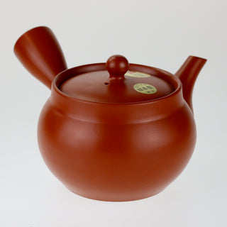 Seitenansicht der rot-orangefarbenen Teekanne Kyusu Homura mit geschlossenem Deckel, seitlichem Griff und Ausguss.