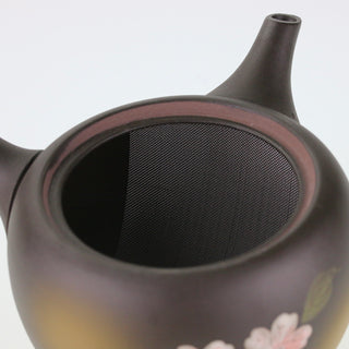 Detailaufnahme der geöffneten dunklen Teekanne Kyusu Yozakura, die das Innere mit einem großflächigen Edelstahl-Sieb zeigt.