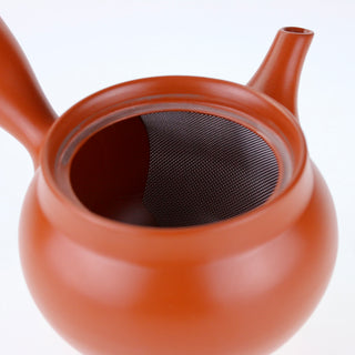 Detailaufnahme der geöffneten rot-orangefarbenen Teekanne Kyusu Homura, die das Innere mit dem flachen Sieb zeigt.