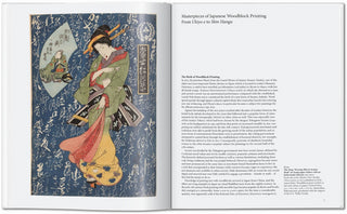 Doppelseite mit japanischem Holzschnitt und erklärendem Text aus dem Buch