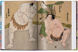 Japanisches Kunstbuch über Holzschnitte mit Doppelseite von zwei Sumo-Ringern und traditioneller Darstellung im Ukiyo-e-Stil