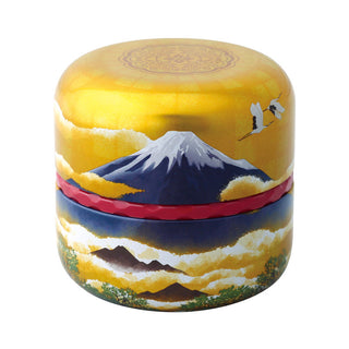 Teedose Fuji Kogane mit goldenem Hintergrund, Fuji-Motiv und fliegenden Kranichen