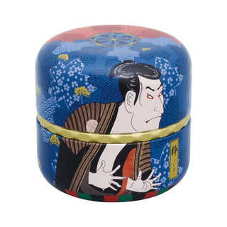Teedose Hana Ukiyo-e mit blauem Kabuki-Motiv und goldfarbenem Verschlussrand